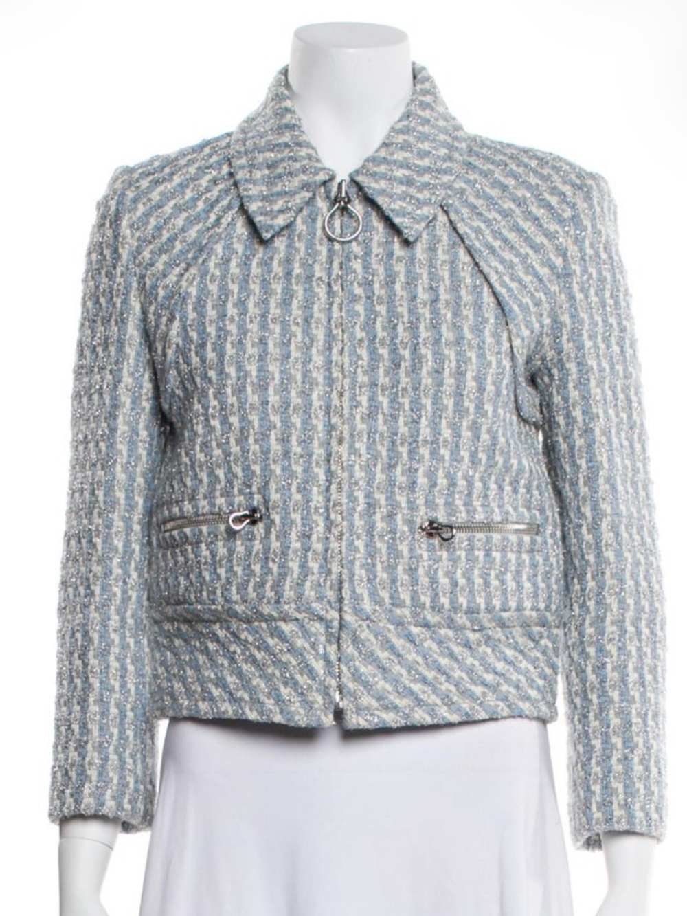 St. John Light Blue & Cream Tweed Zip-Front Jacket